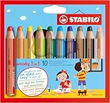 STABILO - Buntstift, Wasserfarbe & Wachsmalkreide - woody 3 in 1-10er Pack - mit 10 verschiedenen Farben