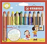 Buntstift, Wasserfarbe und Wachsmalkreide - STABILO woody 3 in 1 - mit 10 verschiedenen Farben , 10 Stück (1er Pack)